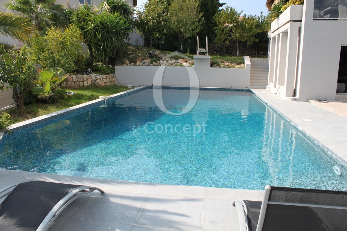 Mediterranean blue water pool grey ceramic, grey-blue mosaic